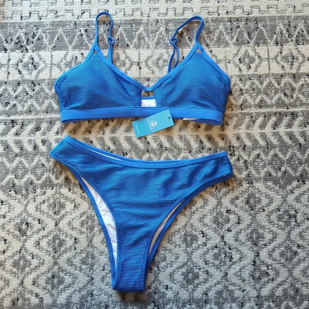 Cupshe Blue Ribbed Bikini Sz S - Picture 3 of 6